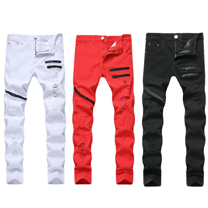 

Men's Zippered Jeans for Foreign Trade in Europe and America, Three Color Distressed Zipper Slim Fit Straight Leg Men's Pants