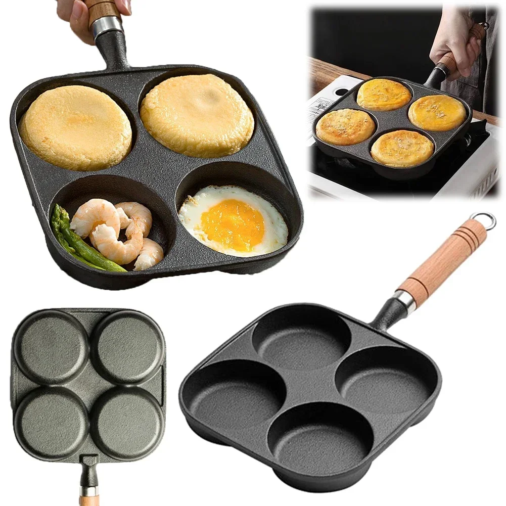 4-Hole Non Stick Omelet Pan Breakfast Burger Egg Pancake Maker Wooden Handle Cookware Pancake Pan for Gas Stove Induction Cooker