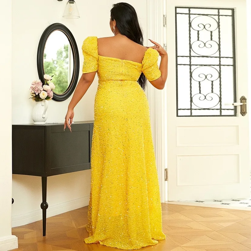 2023 Plus Size Round Neck Short Sleeve Yellow Shiny Sequin Evening