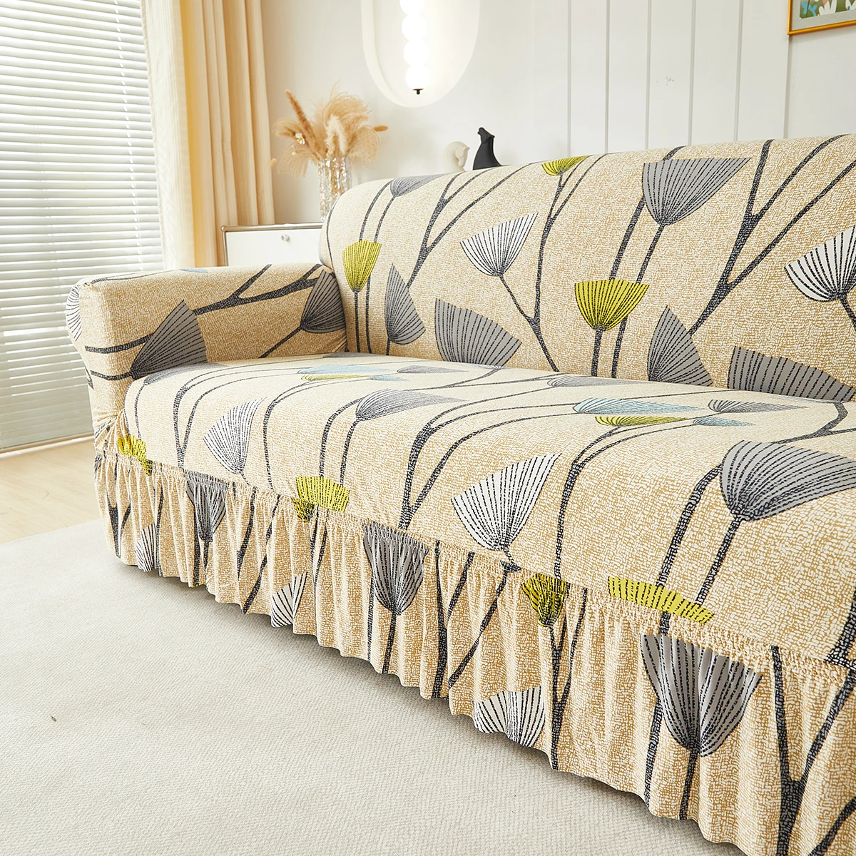 1pc Printed Skirt Sofa Cover, elastic, anti-slip. Simple, modern, all-season, dust & cat-proof. Retractable, washable, durable.