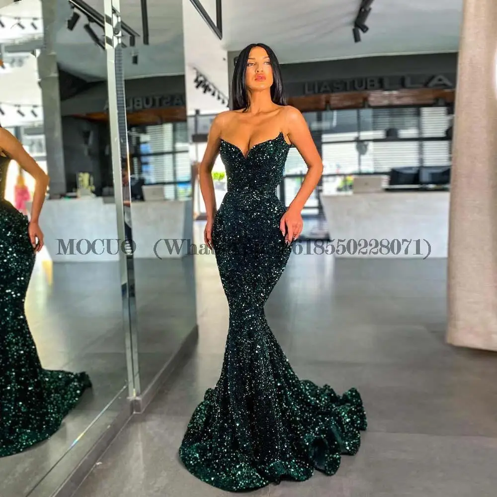 

Sexy Green Sequins Sleeveless Mermaid Evening Dresses 2023 Formal Sweetheart Neck Women Party Night Gown Vestidos de noche