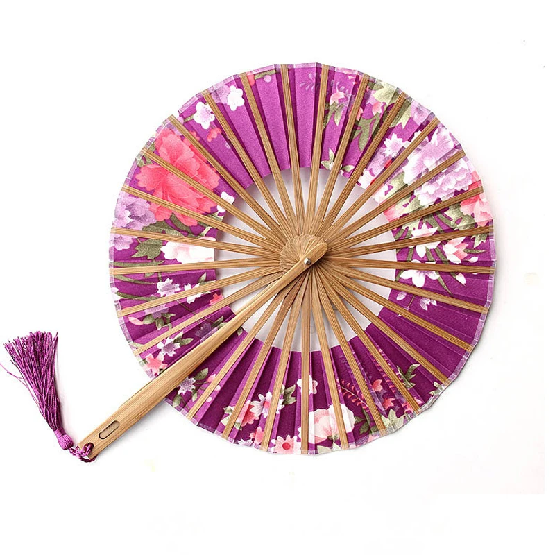 1pc Japanese Style Windmill Round Fans Bamboo Bone Folding Fans Sakura Silk Cloth Dance Fan Crafts Gift Grace Ink Flower folding fan,silk fans