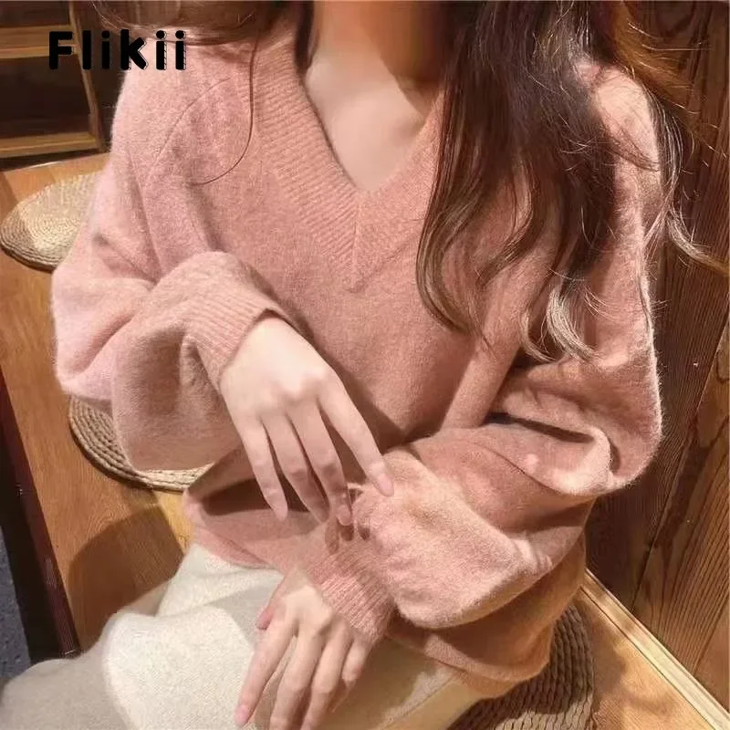 

Sweet Warm Casual Knitting Long Sleeve Pullovers 2023 Winter Korean Fashion Women Jumpers Solid Color V-Neck Ladies Sweater