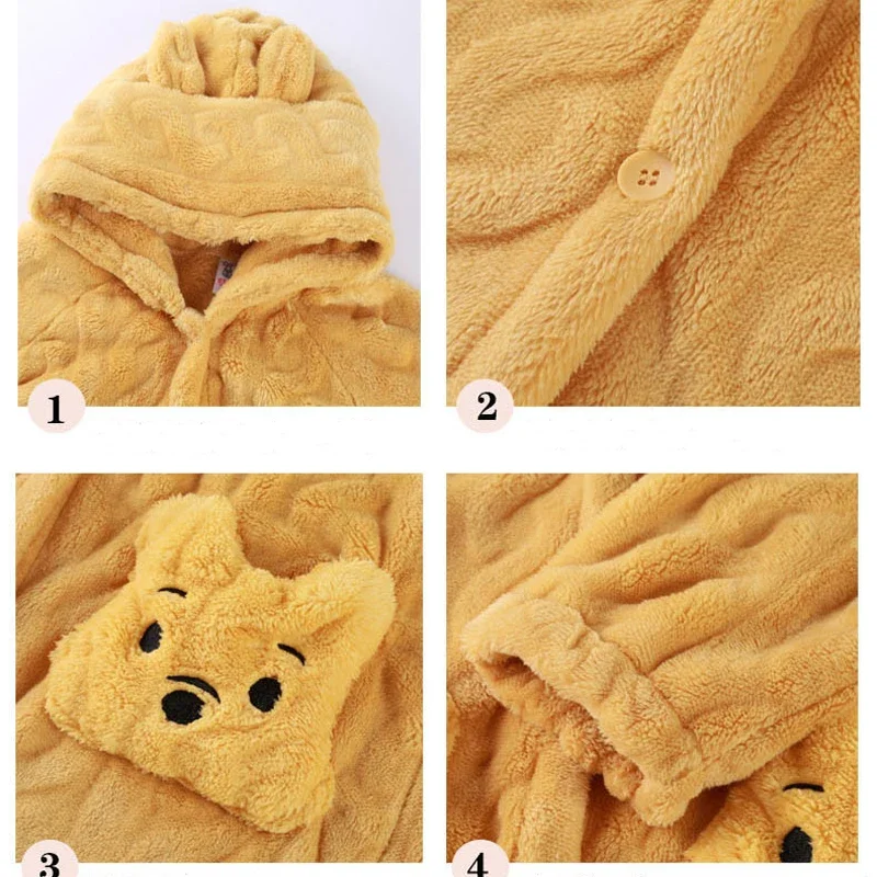 New Winter Sleepwear for Kids Fashion Children Flannel Warm Bathrobe Yellow Cartoon Bear Bath Robe Teenage Hooded Long Homewear