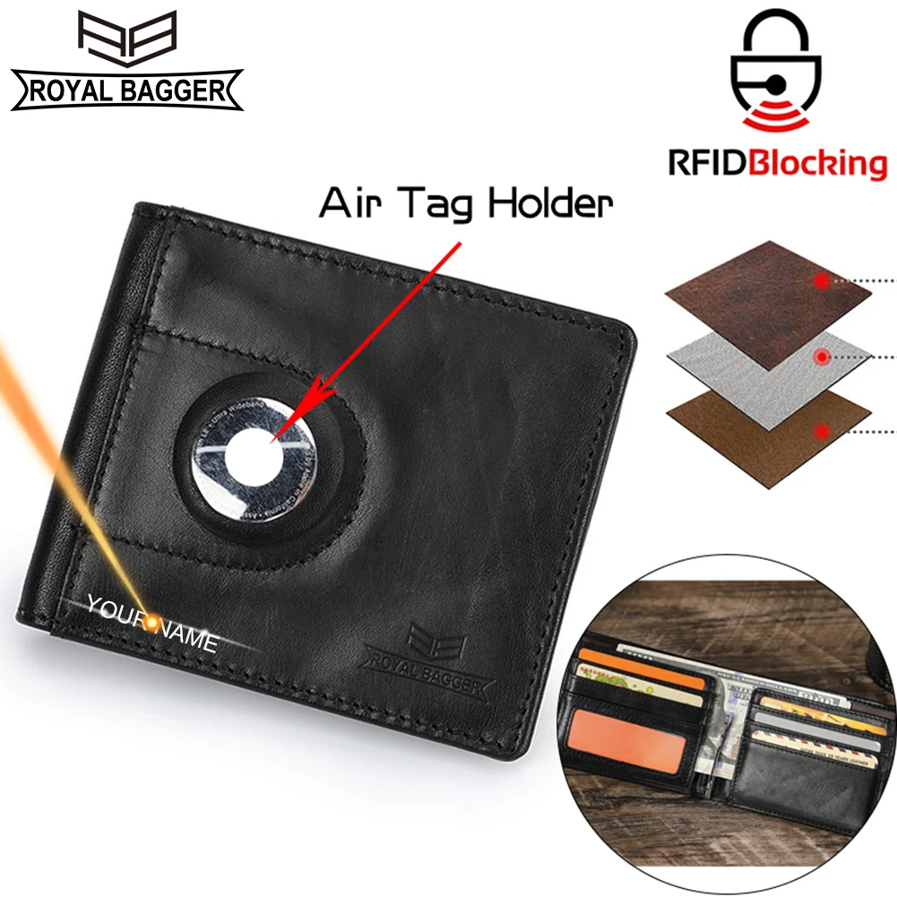 

Royal Bagger Vintage RFID Short Wallets for AirTag Men Genuine Cow Leather Purses Wallet Male Money Card Holder 1427