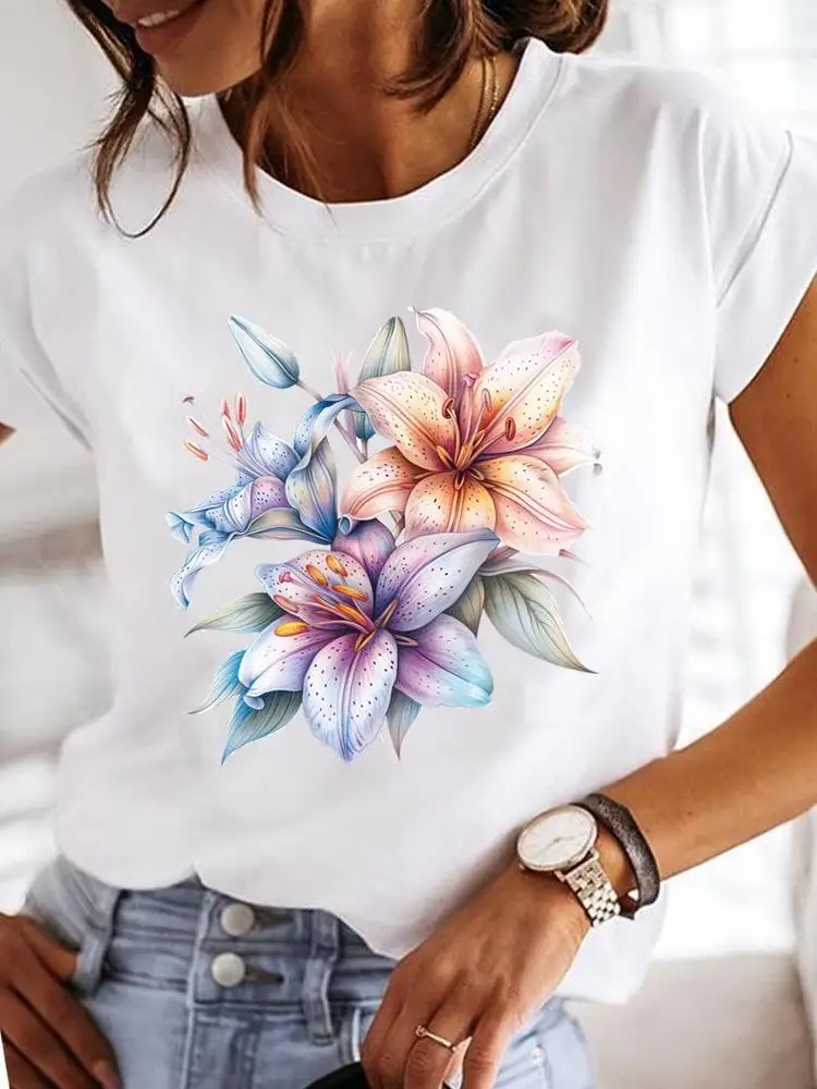Clothes T Female Clothing For Women Graphic Tee Fashion Lady Sweet Flower 90s Casual Top O-neck Short Sleeve Print T-shirts