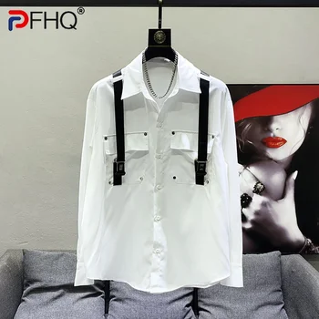 PFHQ 남성용 캐주얼 셔츠, 트렌디한 개성 있는 색상 대비 리본 장식 디자인, 럭셔리 우아한 2023, 새로운 스타일리시 탑, 오리지널