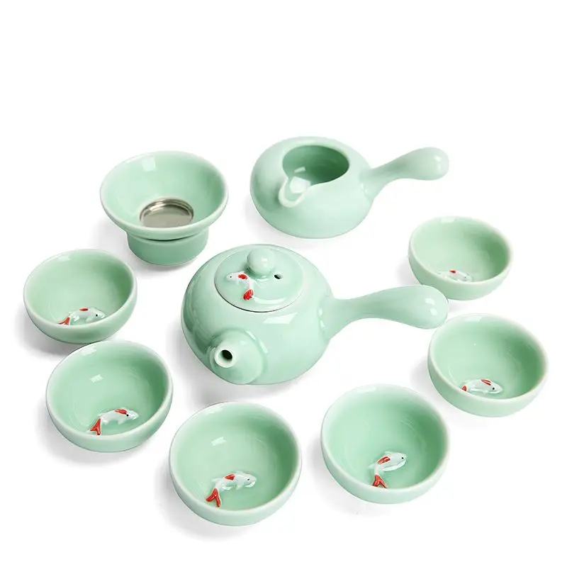 Longquan Celadon fish tea set ceramic teapot kettle ceramic tea cup fish chinese kung fu set drinkware 1pot+6cups tea set