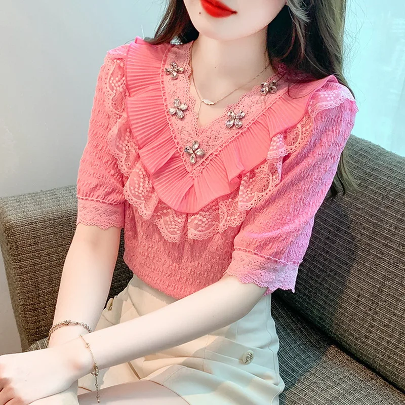 

Lace V Neck Ruffled Shirt for Women Short Sleeves Chiffon Blouse Women's Diamonds Shirts 2023 Summer Tops New Lady Blusas Mujer