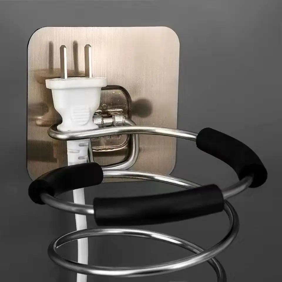 Hair Dryer Holder Blower Organizer Adhesive Wall Mounted Nail Free No Drilling Stainless Steel Spiral Stand Storage For Bathroom 6