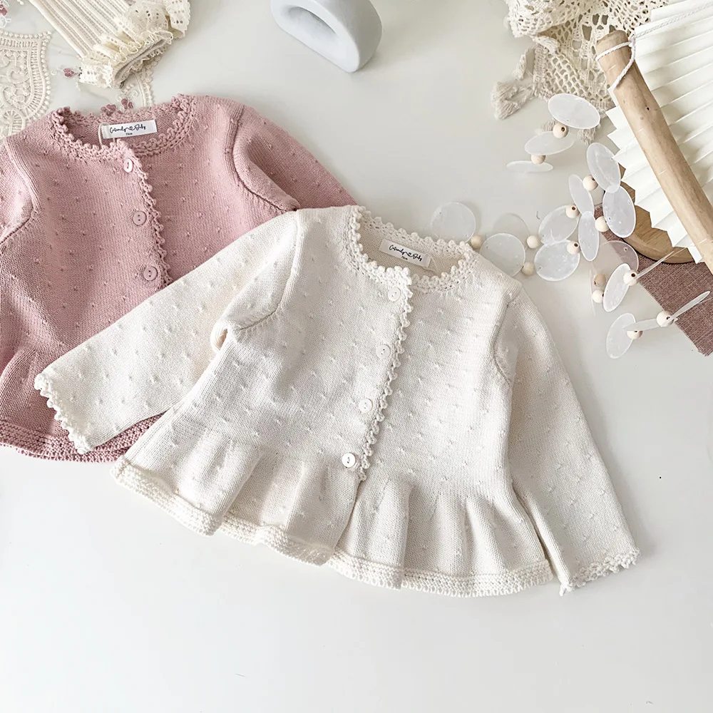 

Cute Spring Autumn Girls Knitted Coats Curved Border Pink Sweaters Ball Decorated Baby Cardigan Outwears Kids Clothes