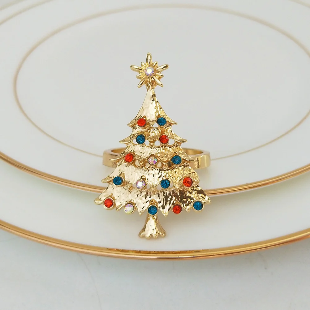 

Rhinestone Christmas Tree Napkin Rings: 4pcs Xmas Napkin Buckles Table Napkin Studded Holders Holiday Serviette Circle Rings
