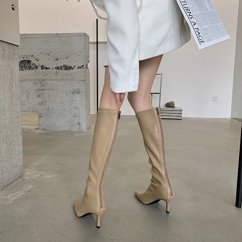 Black Beige White Women Knee High Boots Autumn/Winter Stretch Booties Back Zipper Thin High Heels Elegant Dress Shoes Party
