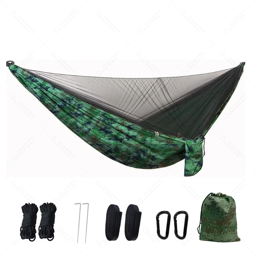 Quick Setup Hammock with Mosquito Net for Two, Auto-Open Parachute Fabric, Portable for Camping, Beach & Backyard