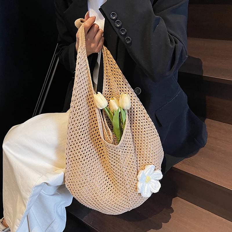 Women Hollow Woven Shoulder Bag Large Capacity Mesh Beach Bag Flower Crochet Shoulder Bag Shopping Travel Commute Bag