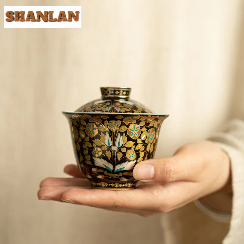 120ml Jingdezhen Gilded Silver Gaiwan Vintage Handmade Porcelain Body Tea Tureen Tea Brewing Cover Bowl Ceremony Ornaments