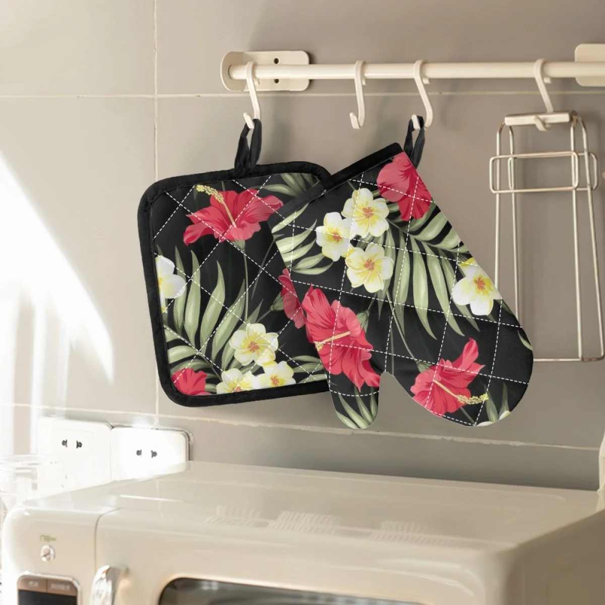 

TOADDMOS Hawaiian Flower Print Microwave Oven Mitts New Comfortable Soft Cotton Insulated Hand Clips Gift For Cooking Kitchen
