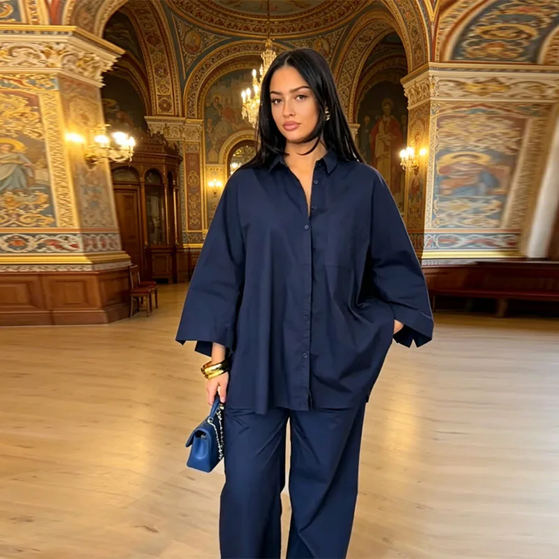Women's 2 Piece Outfit Trendy Oversized Long Sleeves Button Down Shirt Cozy Wide Leg Pants 2026 New Casual Commuting Streetwear