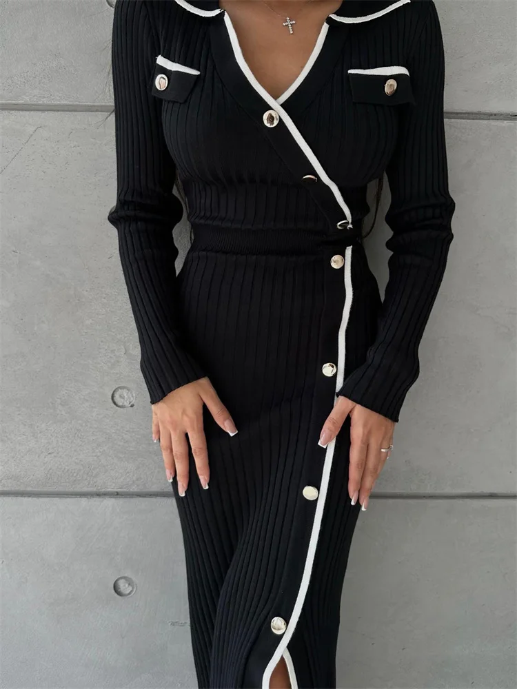 White Patchwork Knit Maxi Dress For Women Slim Lace-Up High Waist Split Elegant Party Dress Fashion Lapel Knitwear Dress