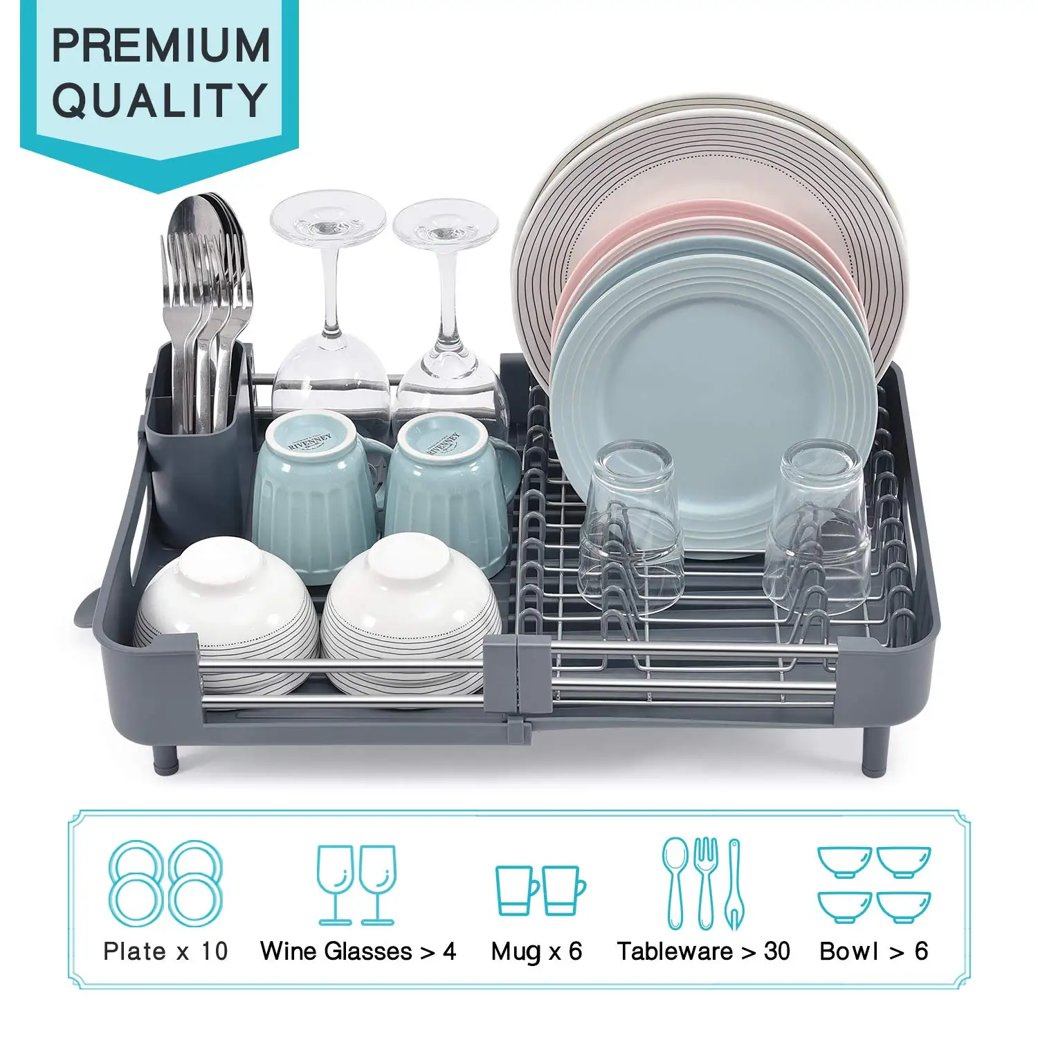 TOOLF Expandable , Adjustable Dish Rack, Foldable Dish Drying Rack with  Removable Cutlery Holder Swivel Drainage Spout, Anti-Rust Plate Rack for