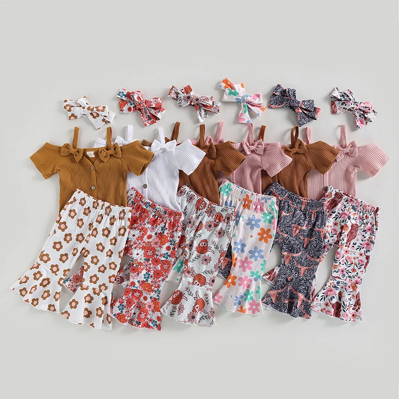 

0-24M 3Pcs Baby Girl Clothes Sets Short Sleeve Off Shoulder Solid Romper + Floral/Leopard Flare Pants + Headband Set