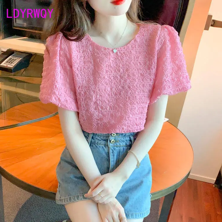 

New French Chiffon Shirt with Bubble Sleeves and Short Sleeve Shirt in Summer Women Blouse