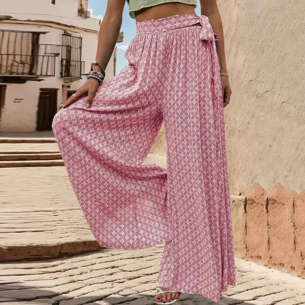 

Pants Stylish Lace-up High Waist Wide Leg Culottes for Women A-line Printed Trousers with Crotch Ankle Length Soft Breathable