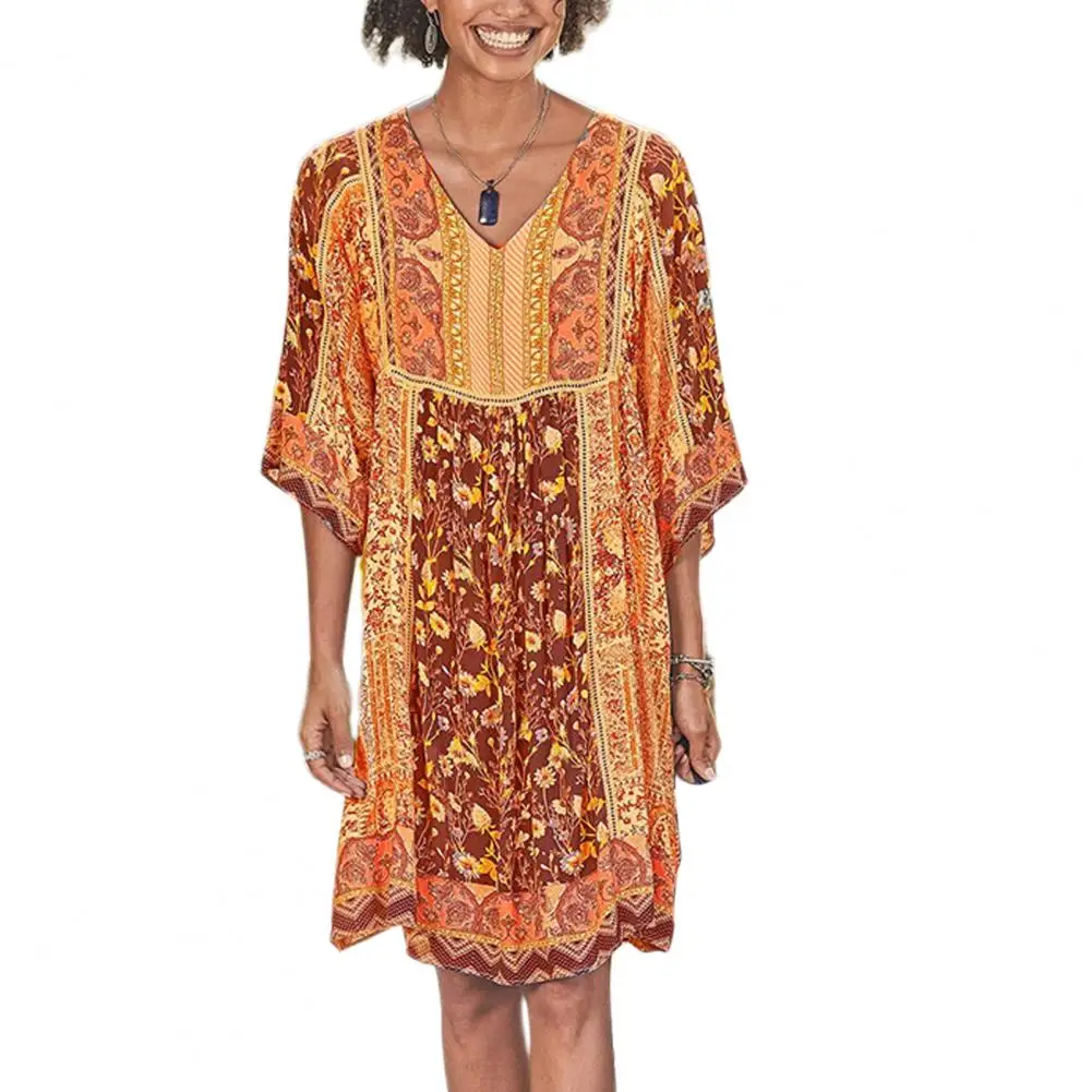 

Printed Dress V-neck Midi Dress Floral Print Pleated Midi Dress with Three Quarter Sleeves V Neck Retro Summer Lady for Wear