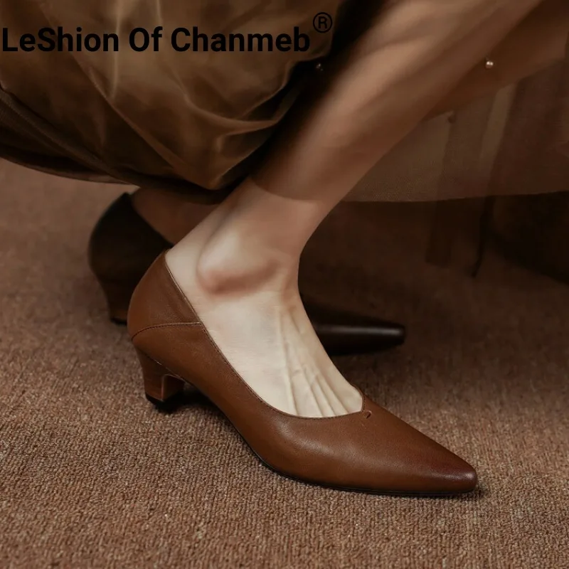 

LeShion Of Chanmeb Women Real Natural Leather Pumps Spike Heels Slip-on Shallow Shoes Black Brown Ladies Office Heel Pump Spring