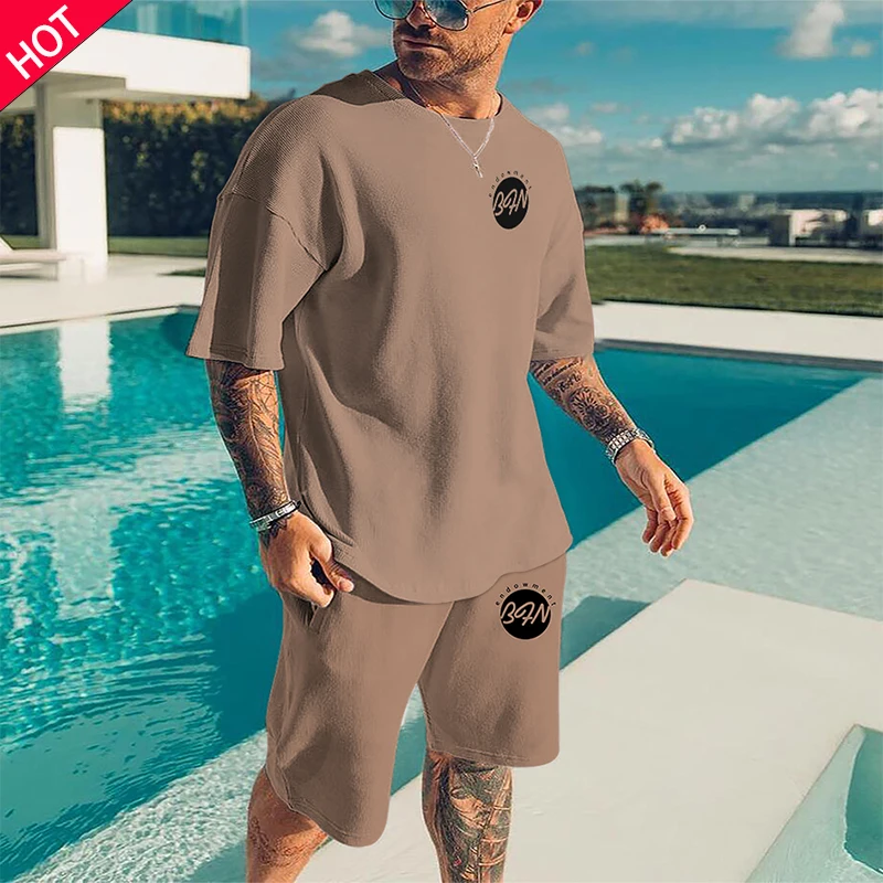 Summer Solid Color 2 Piece Sets 3d Printed Men's Tracksuit Oversized T Shirts Clothes Retro Beach Style Men Suit Tshirt Shorts |