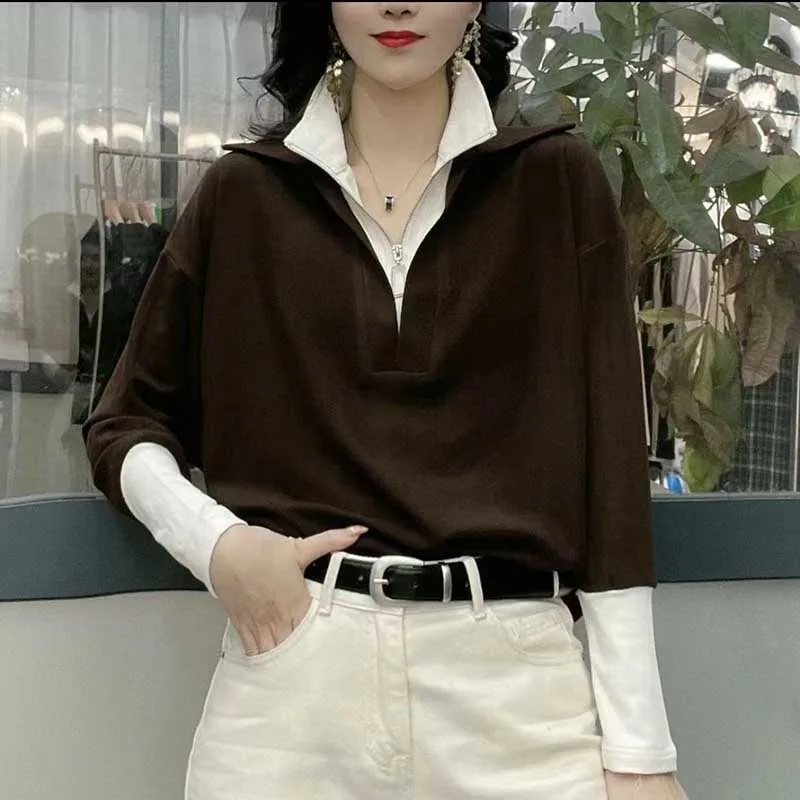 Fashion Stand Collar Zipper Spliced Fake Two Pieces Blouses Women's Clothing 2023 Winter Loose Casual Tops Batwing Sleeve Shirts
