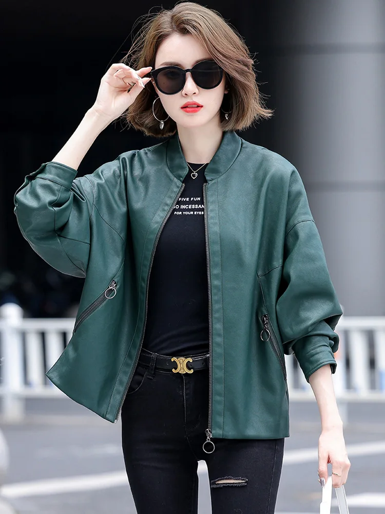 New Women Casual Leather Jacket Spring Autumn Fashion Batwing Sleeve Oversized Sheepskin Jacket Loose Split Leather Outerwear