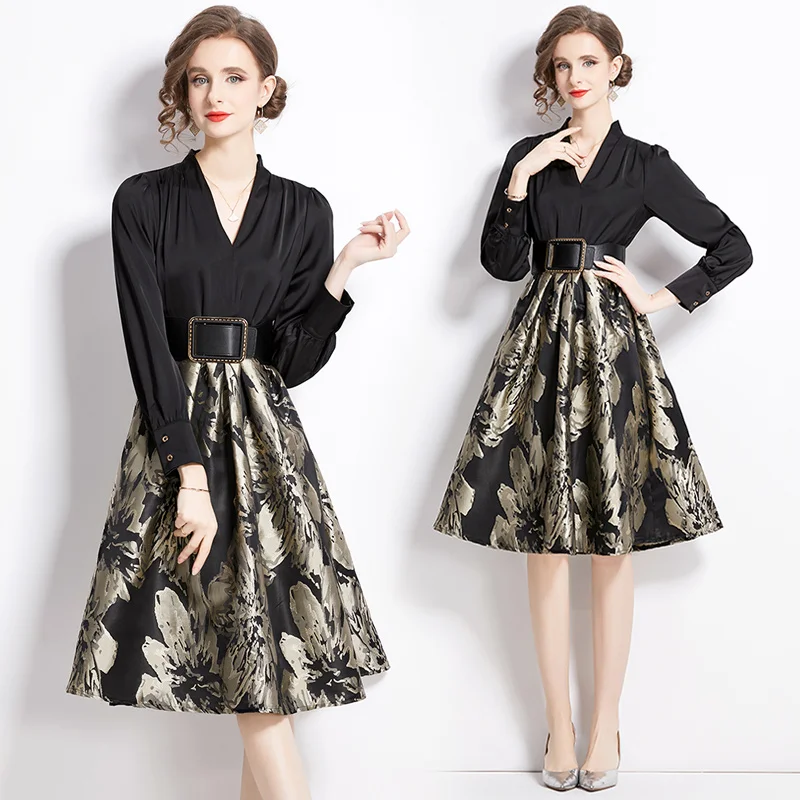 

2024 Summer New Light Luxury Temperament Black Jacquard Dress Women's V-Neck Long Sleeved Sashes Slim Fit A-line Short Skirt