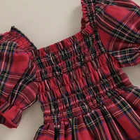 Citgeett Summer Christmas Infant Baby Girls Bodysuit Dress Plaid Print Short Puff Sleeve Jumpsuit + Bow Headband Xmas Clothes 6