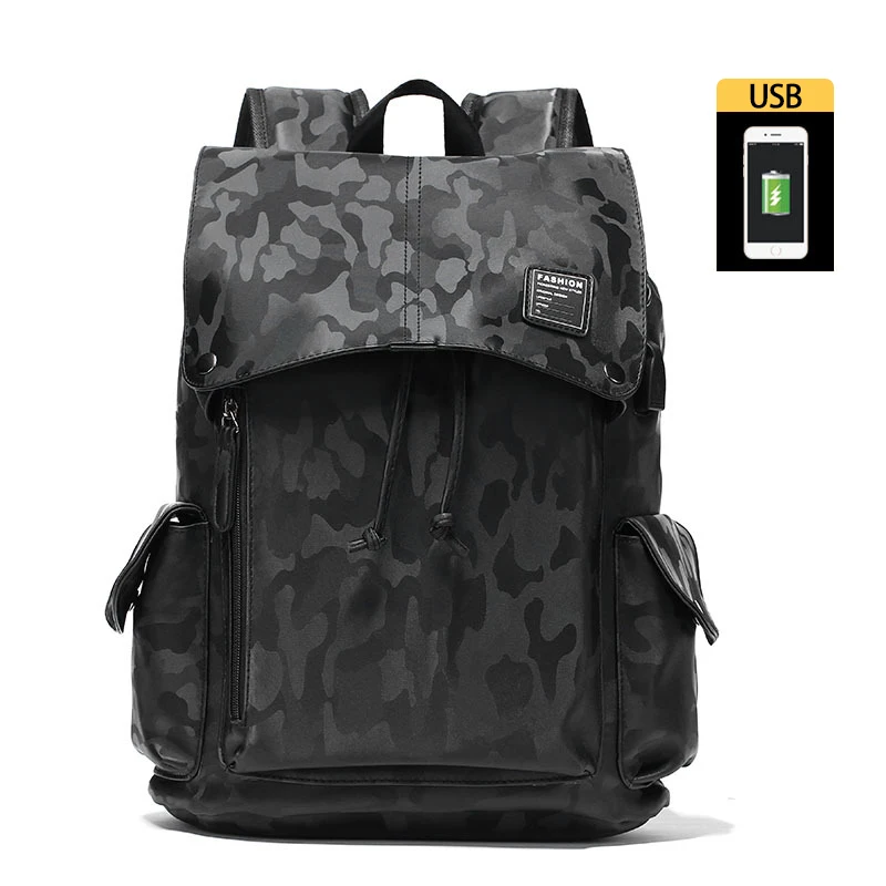 

Korean Fashion Computer Bag PU Leather Backpack Black Camouflage Backpack Schoolbag Men's Leisure Travel Bag Large Capacity Bag