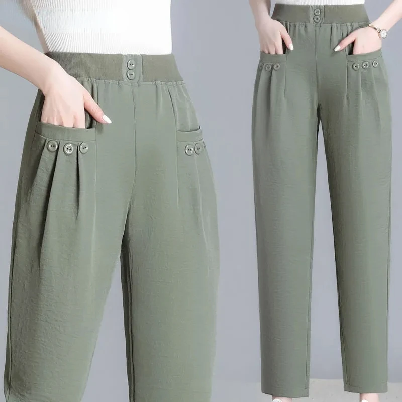 Casual Elastic High Waist Ankle-Length Cottin Linen Pencil Pants Womens 2023 New Loose Straight Trousers Spring Fall Pantalones