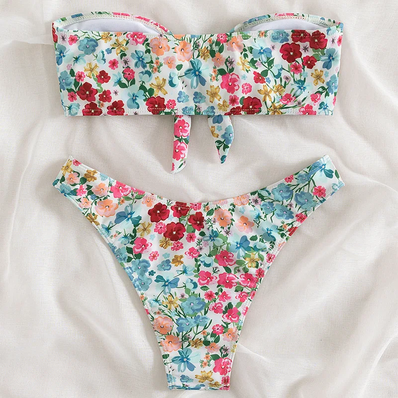 Floral Print Bandeau Bikini Set Off Shoulder Push Up