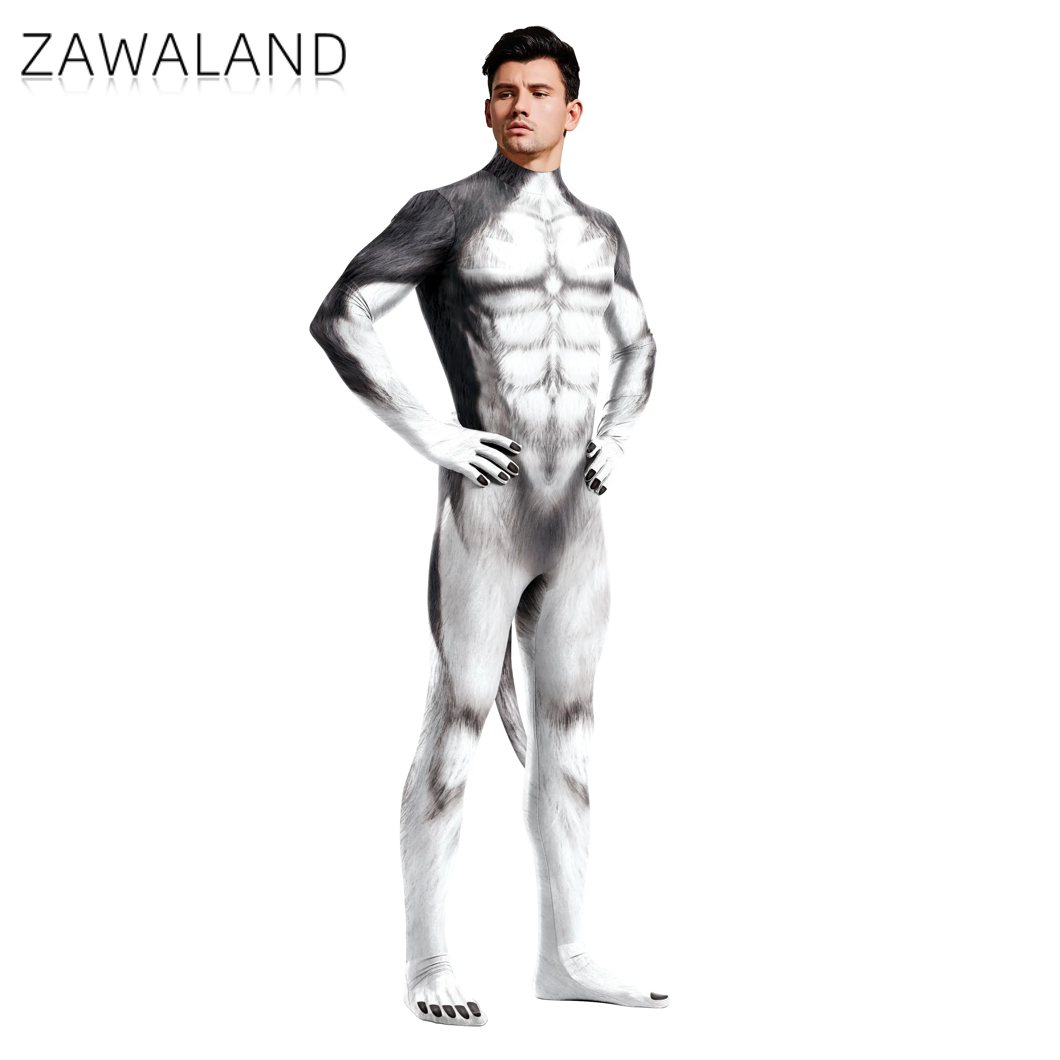 Zawaland Unisex Sexy Slim Cosplay Costume Snow Wolf Set Animal 3D Printing Zentai Jumpuit Full Bodysuit with Tail Party Playsuit cosplay costume sexy fetish wear
