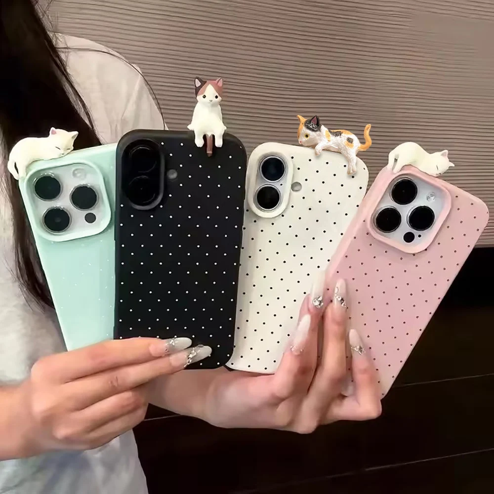 Korea Lovely Dot 3D Cartoon Leather Shockproof Cat Phone Case