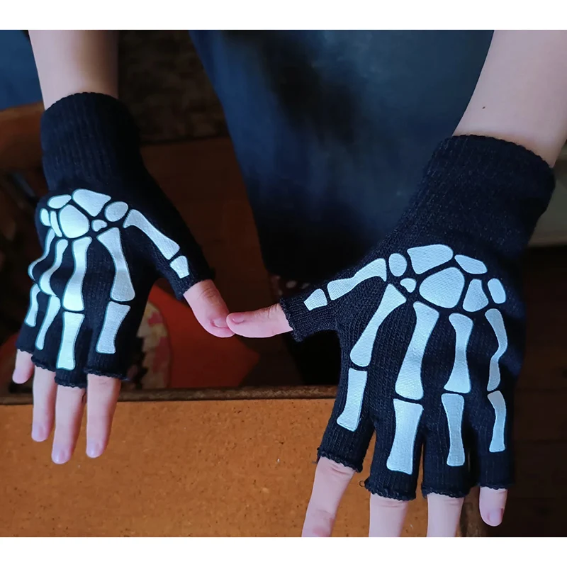Skull Punk Gloves Black Neutral Half Finger Ghost Claw Knitted Gloves Exposed Finger Spot Nightlight Fingerless Elastic Gloves