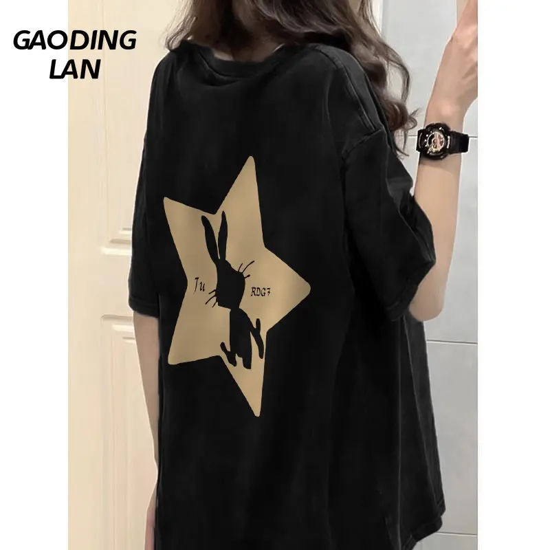 

Топ женский из чистого хлопка с коротким рукавом, Повседневная Свободная рубашка в стиле Харадзюку, с принтом звёзд, кролика, с круглым вырезом, большие размеры, на лето