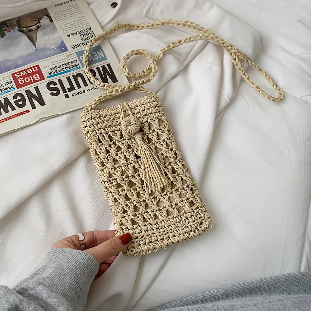 Female Vintage Crossbody Phone Bag Straw Rope Hand-woven Vacation Mini Purse Women Casual Mobile Phone Pouch Streetwear