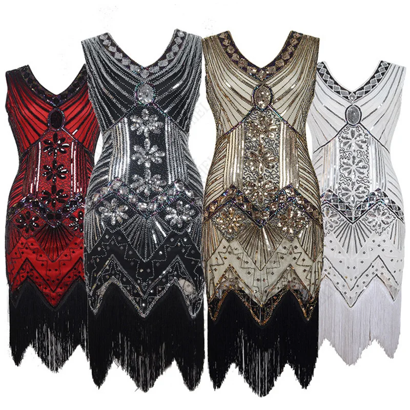 

1920s Great Gatsby Dress Vintage Sequined Fringed V-neck Party Cosplay Costume Beaded Slveless Charleston Vestidos for Women