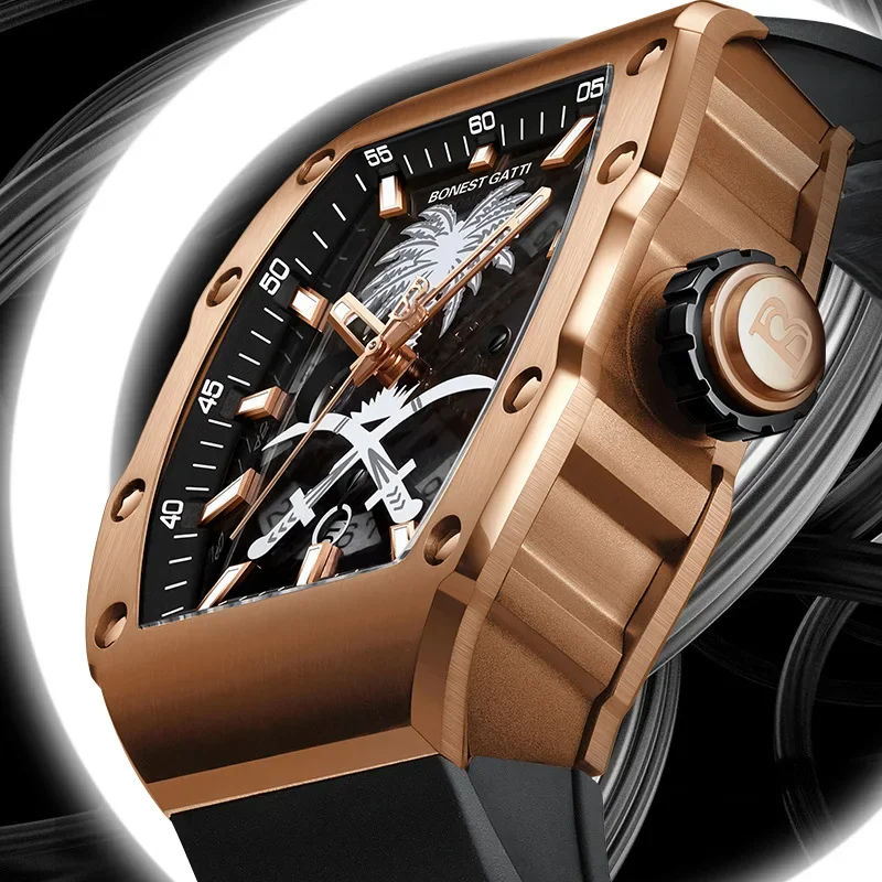 BONEST GATTI Palm Tree Series Fashion Carving Craft Design Waterproof Luminous Mechanical Watch