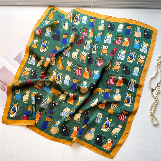 70cm*70cm Silk Square Scarf Women Cartoon cat Bag Print Foulard Big Hijab Bandana Lady Neckerchief High Quality Silk Scarf FJ095 2