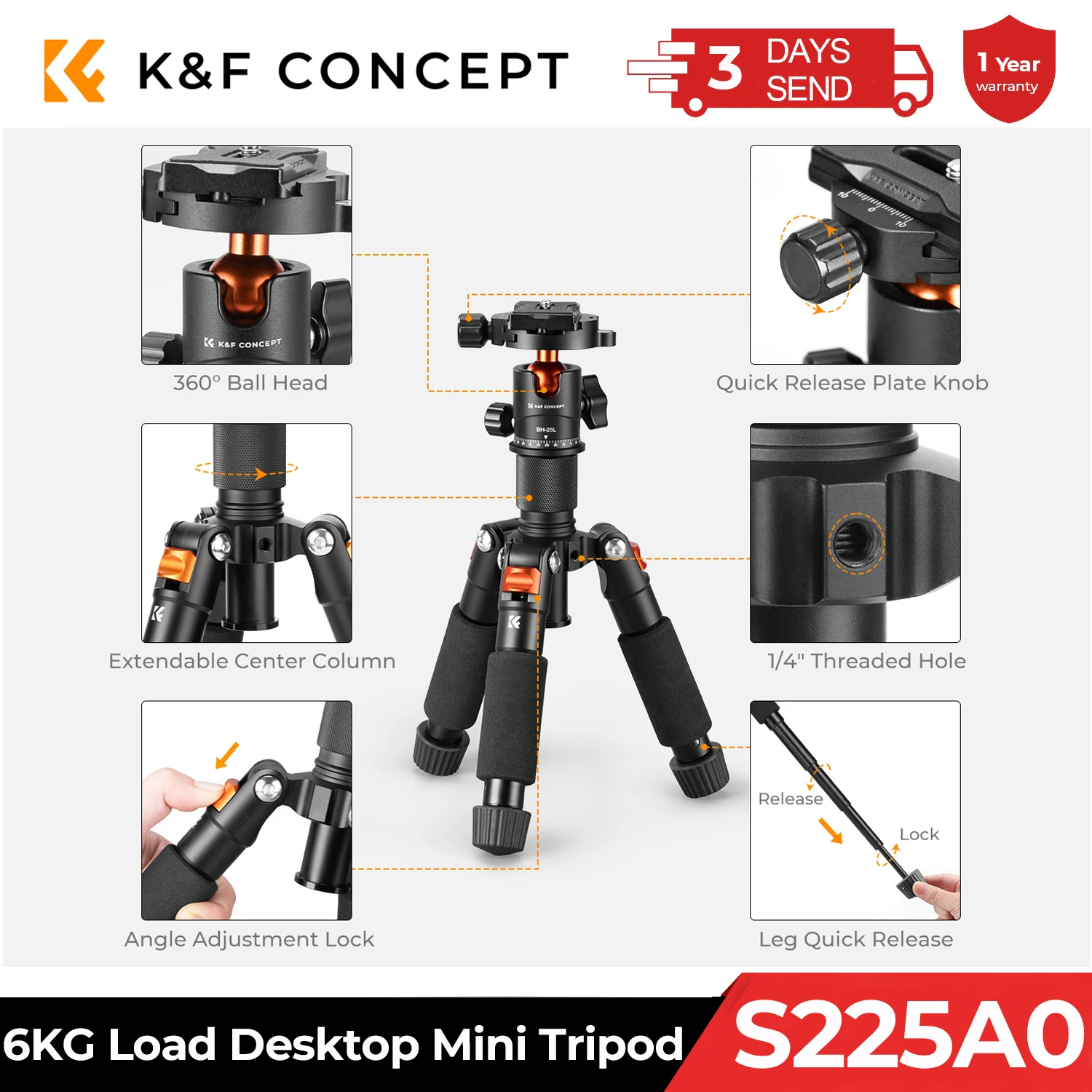 K&F Concept 52cm ミニデスクトップ三脚 360度付き ° ボールヘッド 1/4