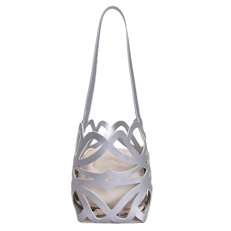 Nuova Borsa a Secchiello Estiva in PU Intrecciato con Dettagli Traforati, Borsa a Spalla Casual di Tendenza per Donna, Borsa a Mano da Spiaggia con Design Elegante - immagine 6