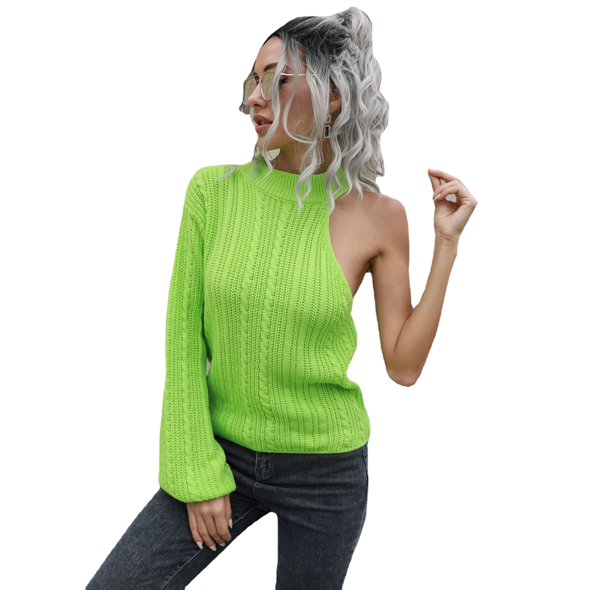 

Fashion Women Design Sense One-shoulder Sweater Autumn Winter Ladies Long-sleeved Lantern Sleeve Knitted Pullovers Jumpers Green