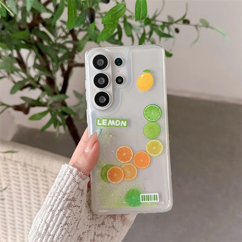 Glitter Quicksand Slider Lemon Case - Ultra Soft Silicone Dynamic Liquid Phone Shell