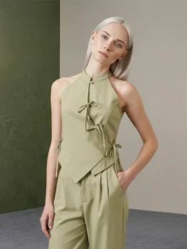 Women Green Bowknot Wide-leg Pant Suits Chic Solid Sleeveless Lace Up Slim Fit Long Pant Sets 2026 Lady Daily Street Outfits New